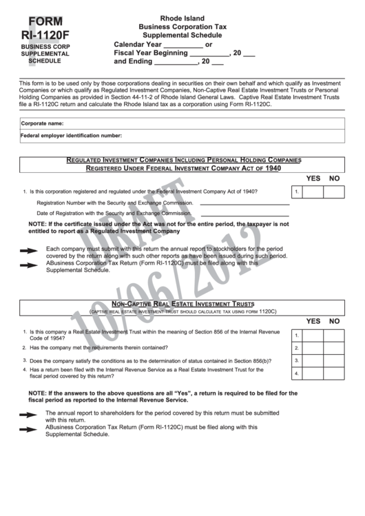 Form Ri-1120f - Business Corporation Tax Supplemental Schedule Draft - 2012 Printable pdf