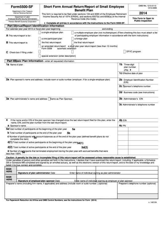 Form 5500-Sf - Short Form Annual Return/report Of Small Employee Benefit Plan - 2014 Printable pdf