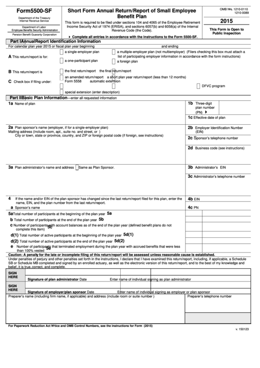 Form 5500-Sf - Short Form Annual Return/report Of Small Employee Benefit Plan - 2015 Printable pdf