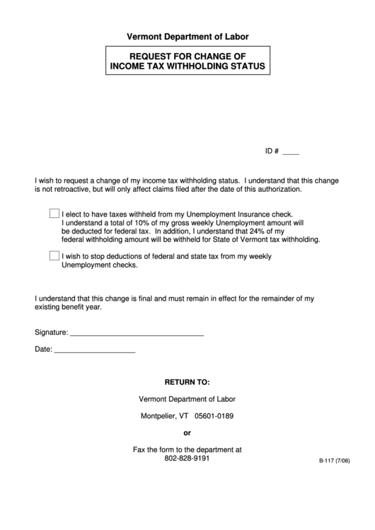 Form B-117 - Request For Change Of Income Tax Withholding Status Printable pdf