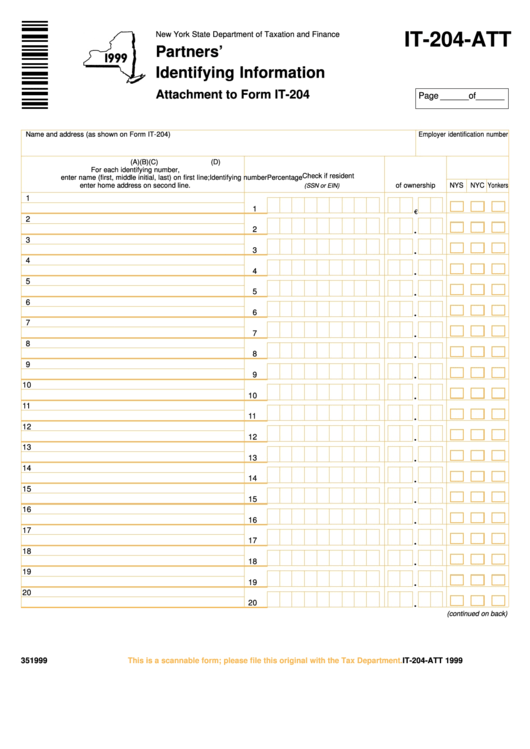 Form It-204-Att - Partners Identifying Information - 1999 Printable pdf