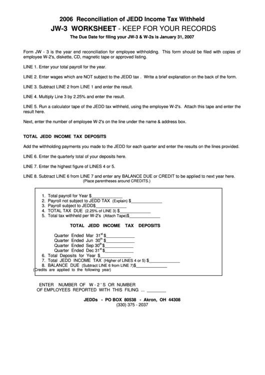 Form Jw-3 - Reconciliation Of Jedd Income Tax Withheld - 2006 Printable pdf