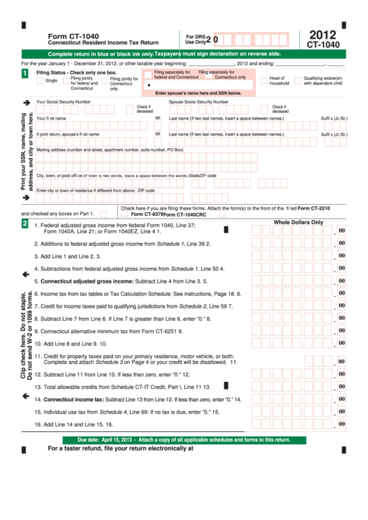 Form Ct-1040 - Connecticut Resident Income Tax Return - 2012 Printable pdf