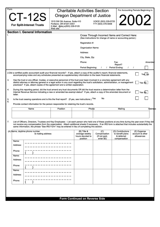 Form Ct-12s - Tax Return For Split-Interest Trusts - 2002 Printable pdf