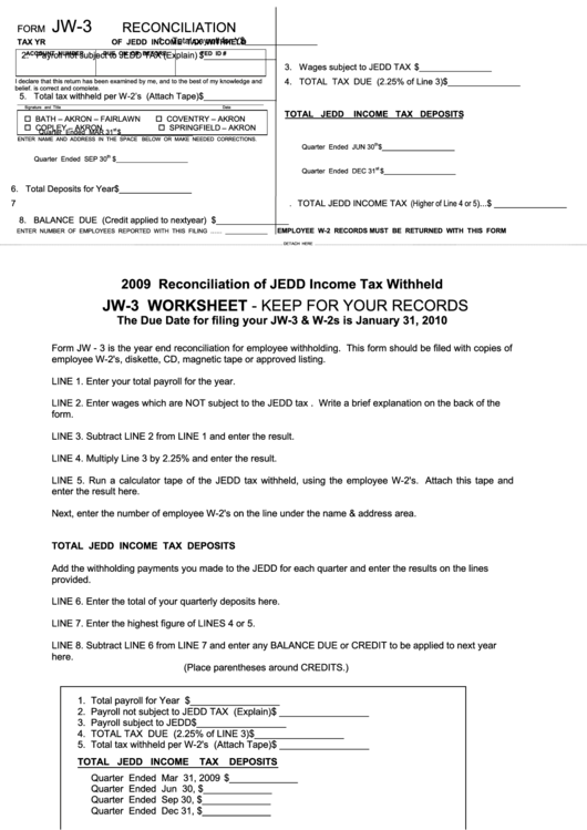 Form Jw-3 - Reconciliation Of Jedd Income Tax Withheld - 2009 Printable pdf