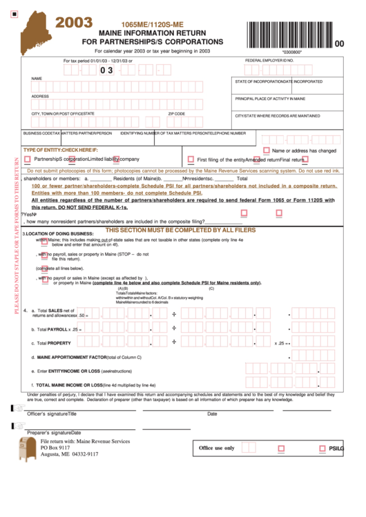 Form 1065me/1120s-Me - Maine Information Return For Partnerships/s Corporations - 2003 Printable pdf