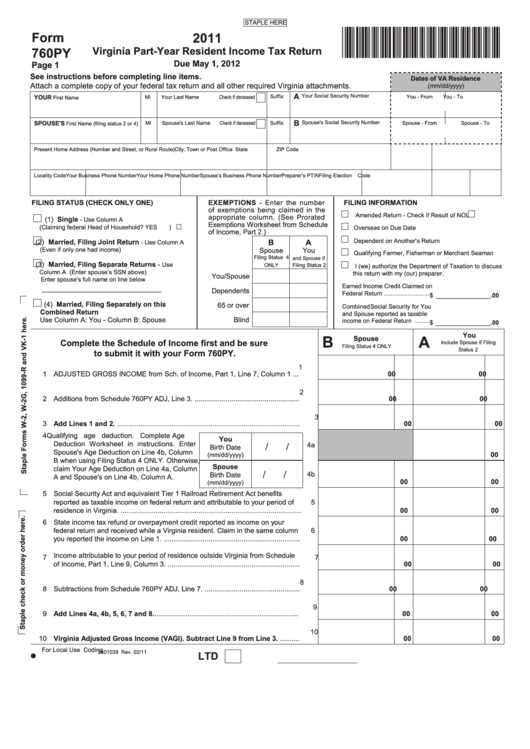 Form 760py - Virginia Part-Year Resident Income Tax Return - 2011 Printable pdf