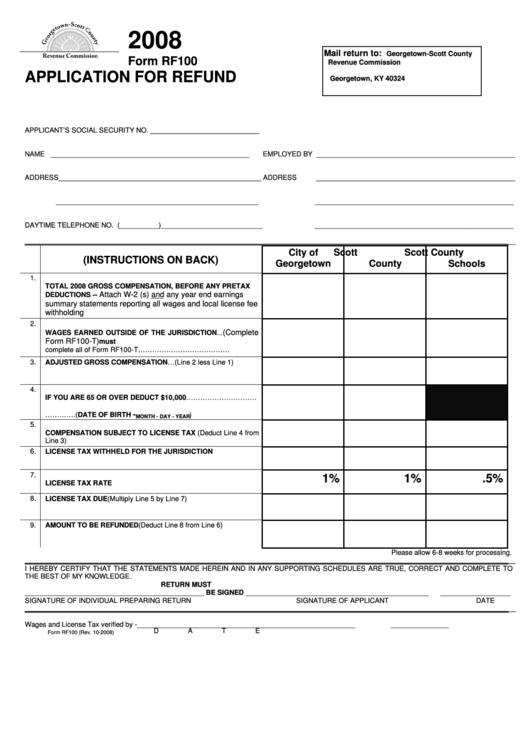 Form Rf100 - Application For Refund - 2008 Printable pdf