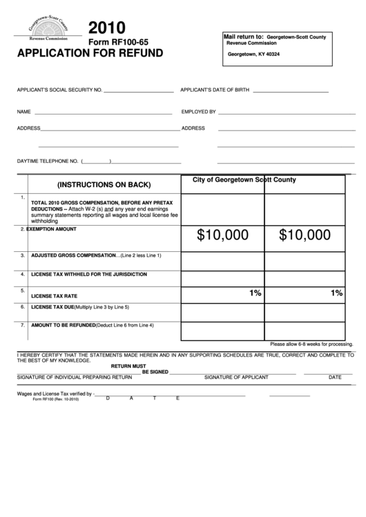 Form Rf100-65 - Application For Refund - 2010 Printable pdf