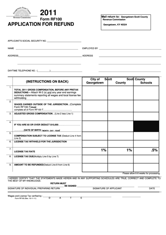 Form Rf100 - Application For Refund - 2011 Printable pdf