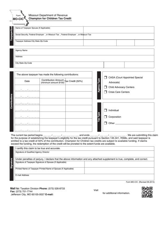 Fillable Form Mo-Cic - Champion For Children Tax Credit Printable pdf