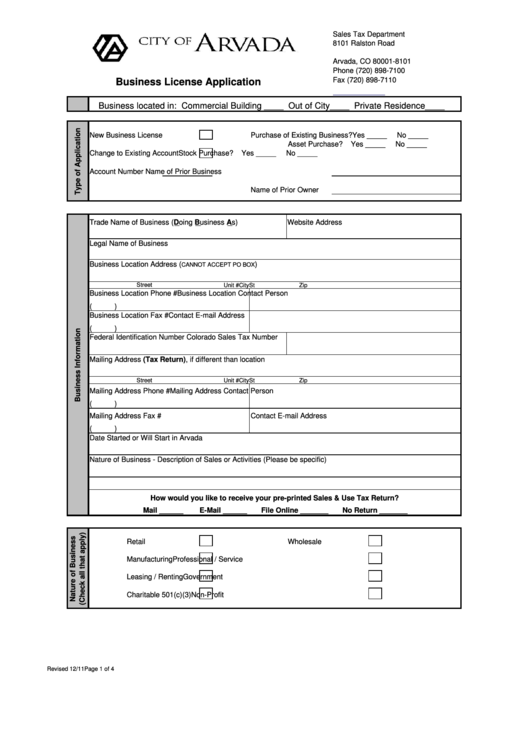 Business License Application Form - City Of Arvada, Co 2011 Printable pdf