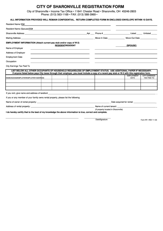 Form Rf-I - Individual Registration Form - City Of Sharonville Printable pdf
