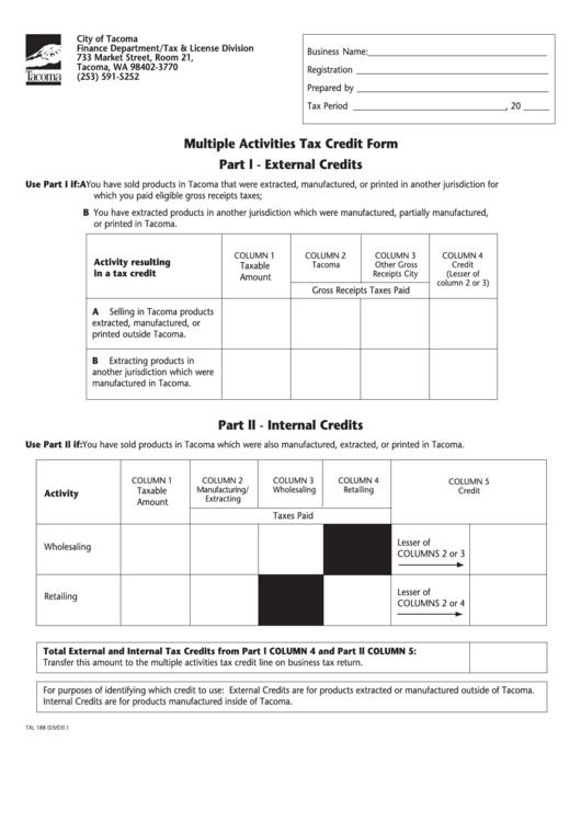 Form Txl 188 - Multiple Activities Tax Credit Form - City Of Tacoma Printable pdf