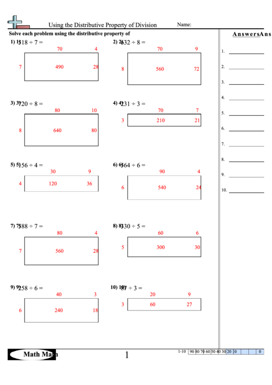 Using The Distributive Property Of Division Worksheet Printable pdf