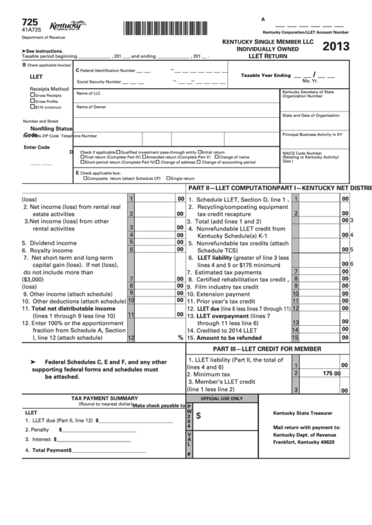 Form 725 - Kentucky Single Member Llc Individually Owned Llet Return - 2013 Printable pdf