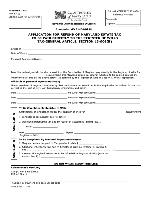 Fillable Form Met 2 Adj - Application For Refund Of Maryland Estate Tax To Be Paid Directly To The Register Of Wills Printable pdf