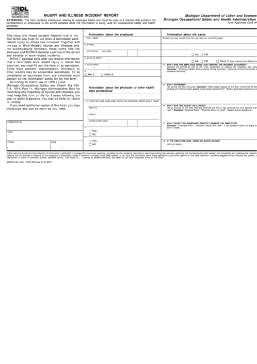 Form Miosha-301 - Injury And Illness Incident Report Printable pdf