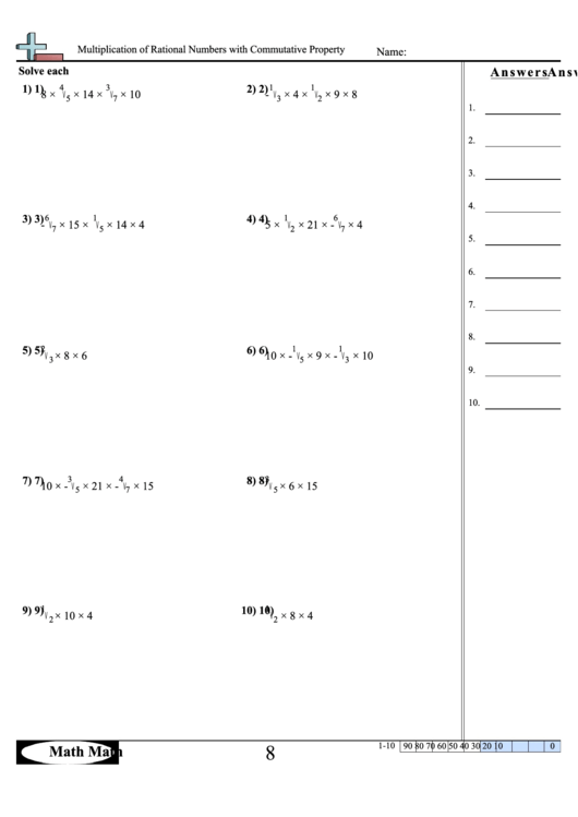 Multiplication Of Rational Numbers With Commutative Property Worksheet Printable pdf