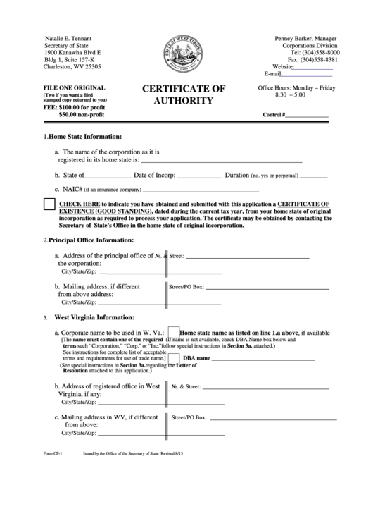 Form Cf Certificate Of Authority Printable Pdf Download