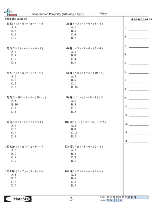 Associative Property (Missing Digit) Worksheet printable pdf download