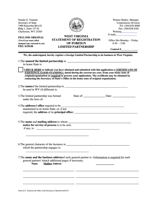 Fillable Form Lp-2 - Statement Of Registration Of Foreign Limited Partnership Printable pdf