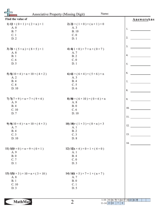 Associative Property (Missing Digit) Worksheet printable pdf download