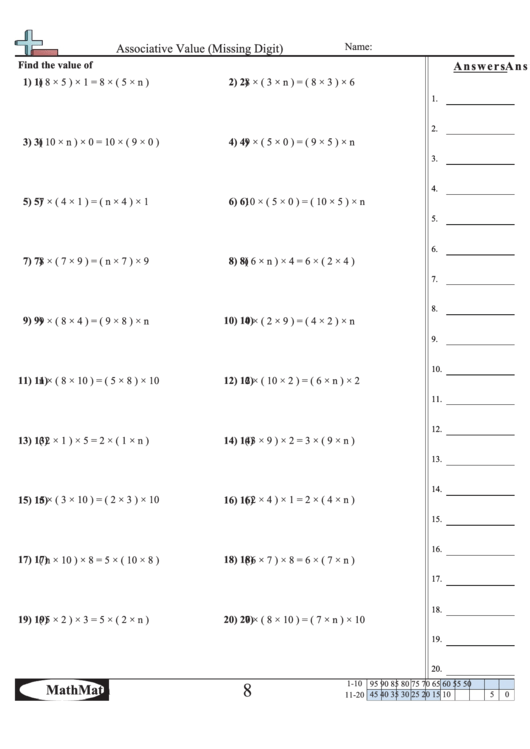 Associative Value (Missing Digit) Worksheet printable pdf download