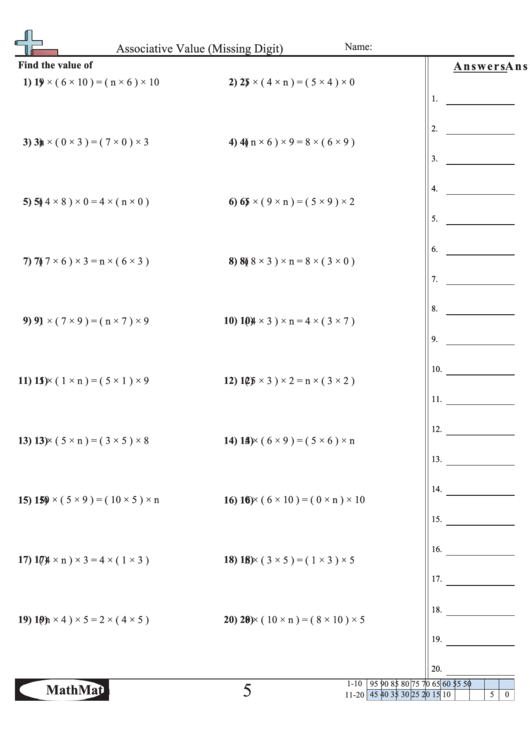 Associative Value (Missing Digit) Worksheet printable pdf download