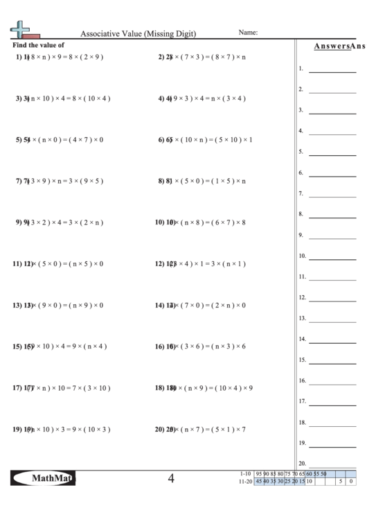 Associative Value (Missing Digit) Worksheet printable pdf download