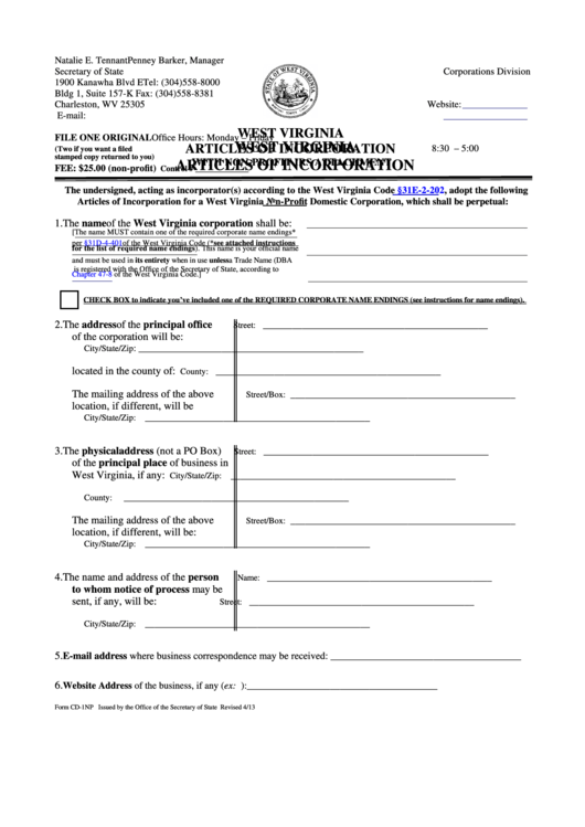 Fillable Form Cd-1np - Articles Of Incorporation With Non-Profit Irs Attachment - 2013 Printable pdf