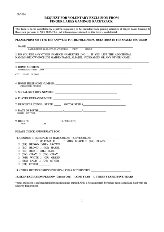 Request For Voluntary Exclusion From Finger Lakes Gaming & Racetrack Form Printable pdf
