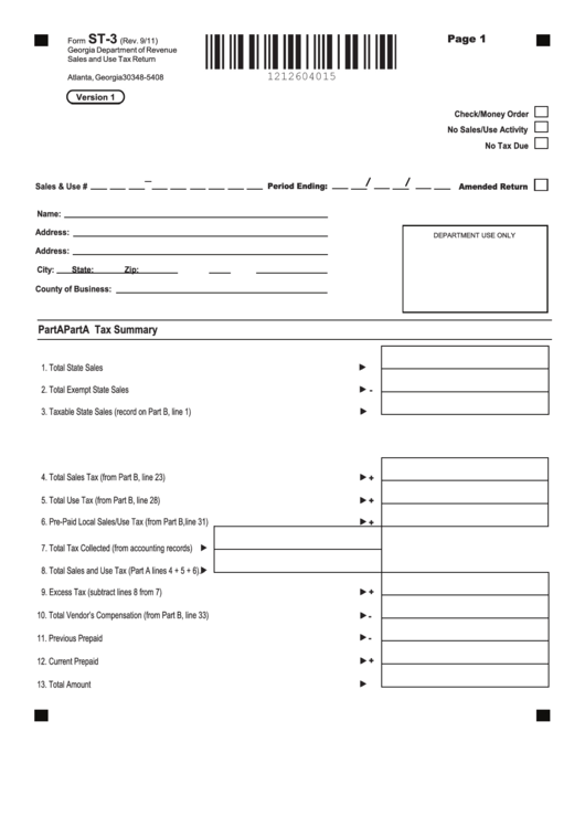 Fillable Form St-3 - Sales And Use Tax Return - Georgia Printable pdf