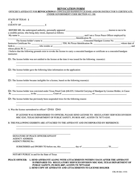 Form Chl-88 - Revocation Affidavit - Texas Department Of Public Safety Printable pdf