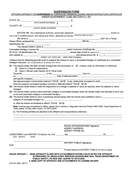 Form Chl-81 - Affidavit For Suspension - Texas Department Of Public Safety Printable pdf