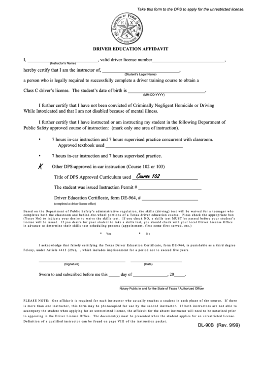 Form Dl-90b - Driver Education Affidavit Printable pdf