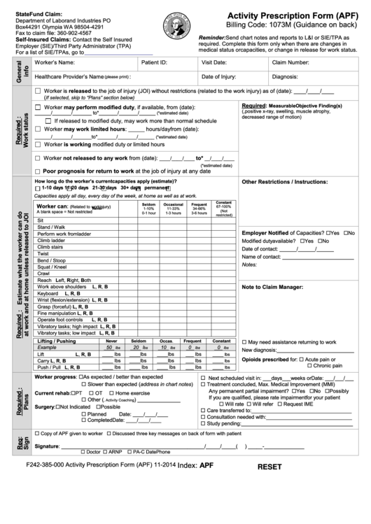 Fillable Activity Prescription Form (Apf) - Department Of Labor And Industries Printable pdf