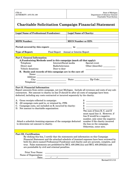 Fillable Form Cts-10 - Charitable Solicitation Campaign Financial Statement Printable pdf