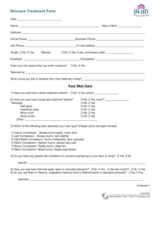 Skincare Treatment Form Printable pdf