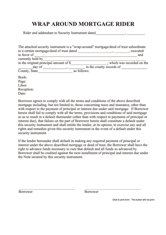 Fillable Wrap Around Mortgage Rider Form Printable pdf