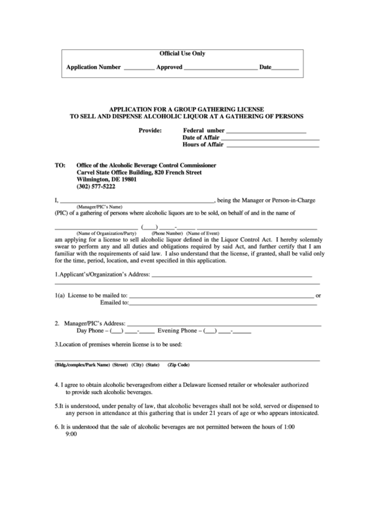 Group Gathering License To Sell And Dispense Alcoholic Liquor Application Form Printable pdf