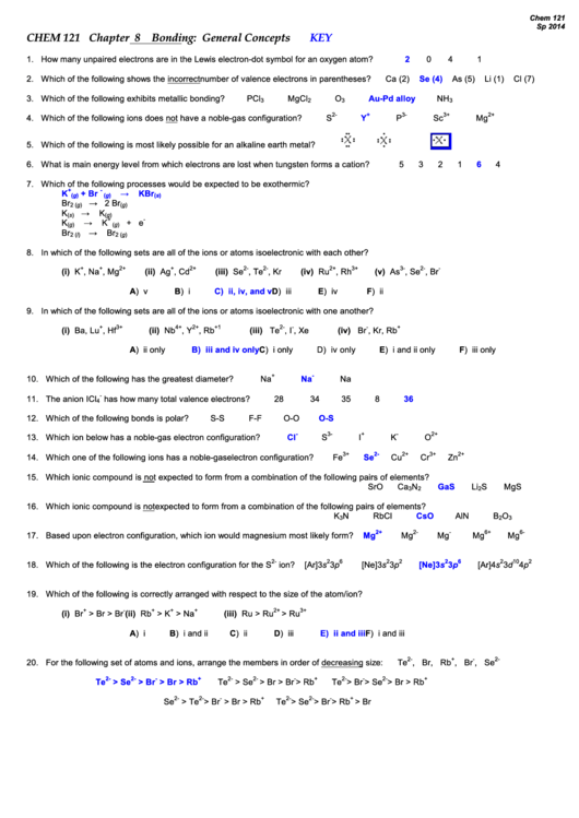 Bonding: General Concepts - Chemistry Worksheet (answers)
