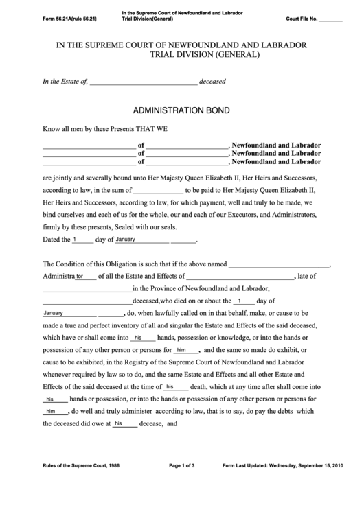 Fillable Form 56.21a - Administration Bond Printable pdf