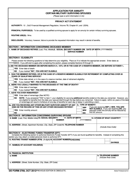Fillable Dd Form 2769 - Annuity Certain Military Surviving Spouses Application Form Printable pdf