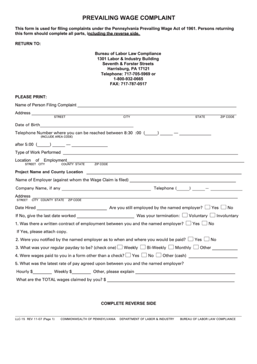 Form Llc-15 - Prevailing Wage Complaint - Pennsylvania Printable pdf