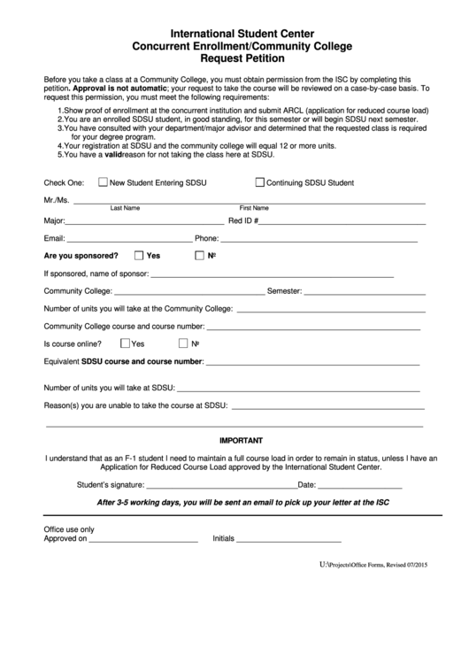 Fillable Community College Request Petition Form Printable pdf