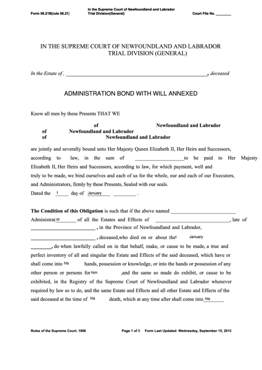 Fillable Form 56.21b - Administration Bond With Will Annexed Printable pdf