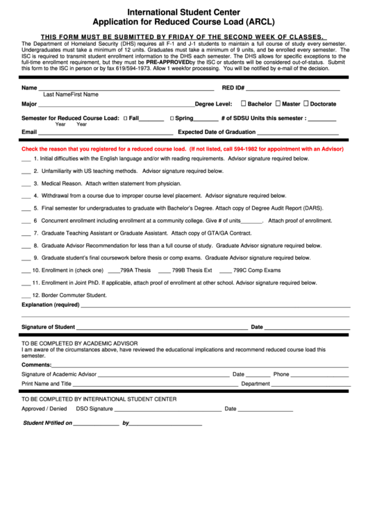 Fillable Application For Reduced Course Load Form Printable pdf