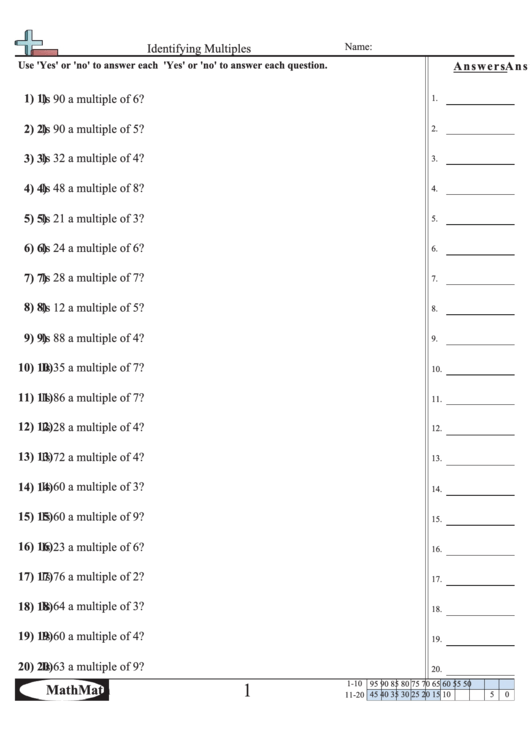 Identifying Multiples - Math Worksheet With Answer Key printable pdf ...