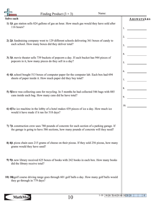 Finding Product (3x3) - Math Worksheet With Answer Key Printable pdf